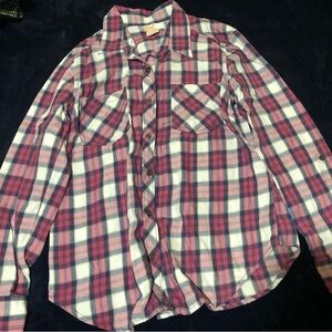 Faded Glory Pink Blue Plaid Flannel Shirt Button Down Top